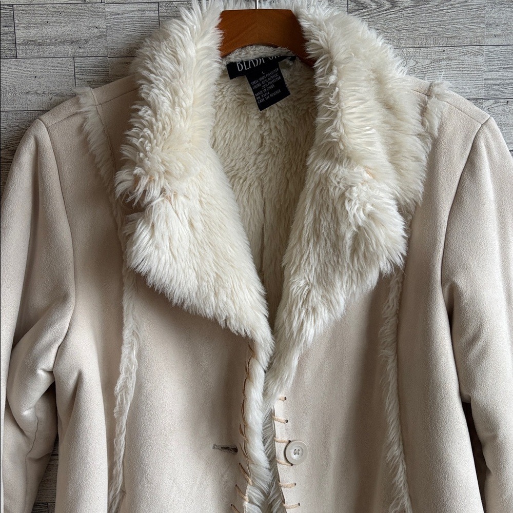 Cream Fur Coat Faux leather shearling jacket Women's Large Y2k Vintage - Picture 2 of 9